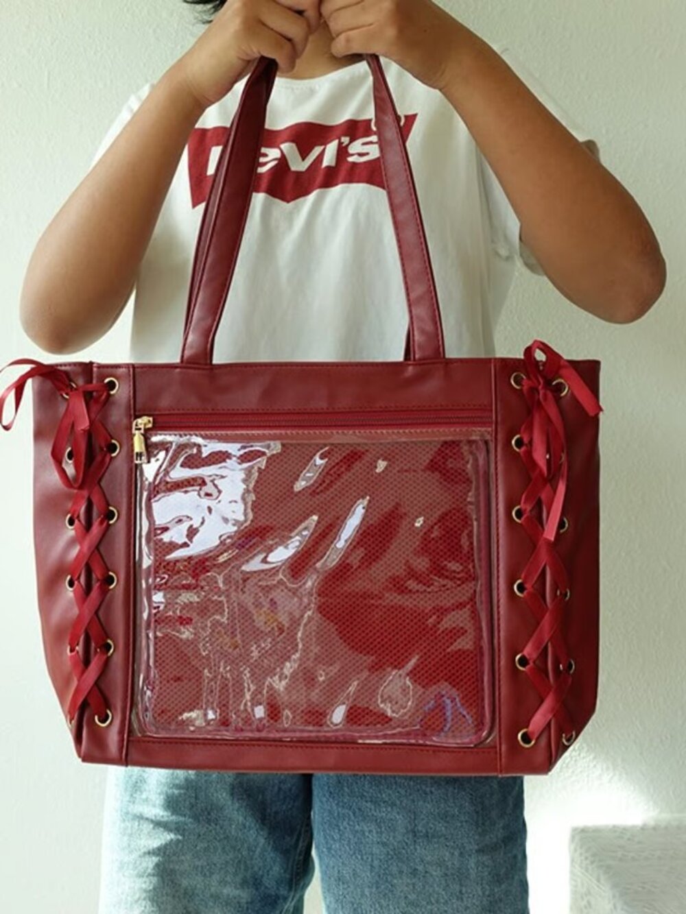 CHERRY Y2K Kawaii Satin Ita Bag Tote Anime Clear Window Shoulder Bag Itabag